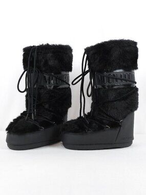 Moon Boot Icon Logo Faux-Fur Tall Boots In Black - Moon Boot Size 35/38
